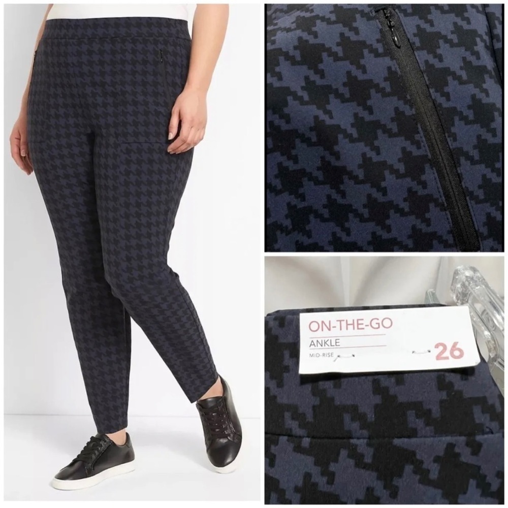 Lane Bryant Women’s Sz 26 Black Blue Houndstooth On-the-Go Ankle Pants NEW